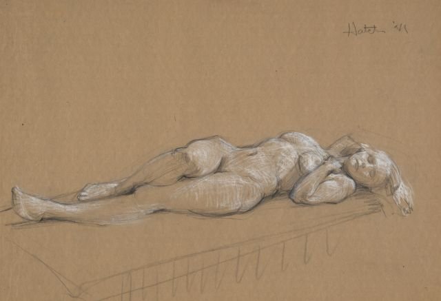 JOHN W. HATCH (1919-1998): "Sleeping Nude" chalk and charcoal on brown paper 17 x 23 inches. signed and dated 1945?, unframed