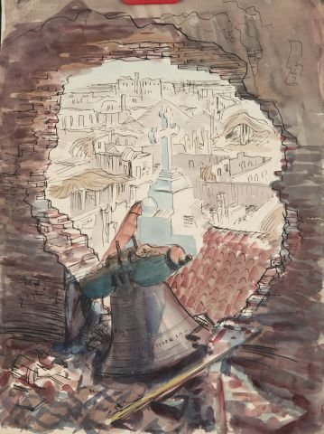 JOHN W. HATCH (1919-1998) World War II: "From Tower of Oldest Cathedral under US Flag Walled City-Manila" ink and watercolor 14 1/2 x 11 inches. annotated verso, unframed. Estate stamped.