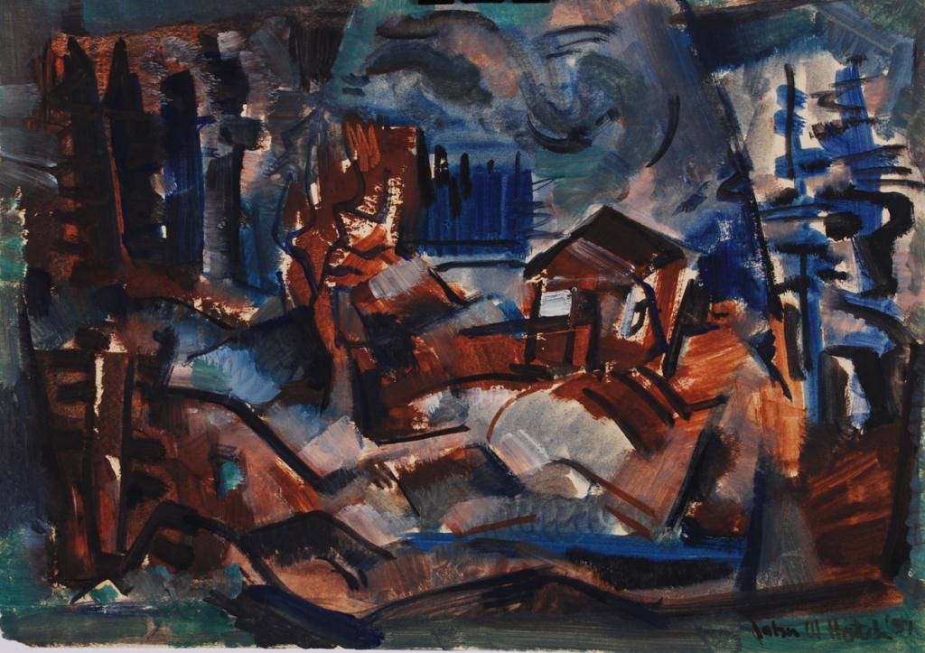 JOHN W. HATCH (1919-1998): "Shed in Dark Woods on Shore of Maine Lake" watercolor 10 x 13 1/2 inches, signed and dated 1951, unframed