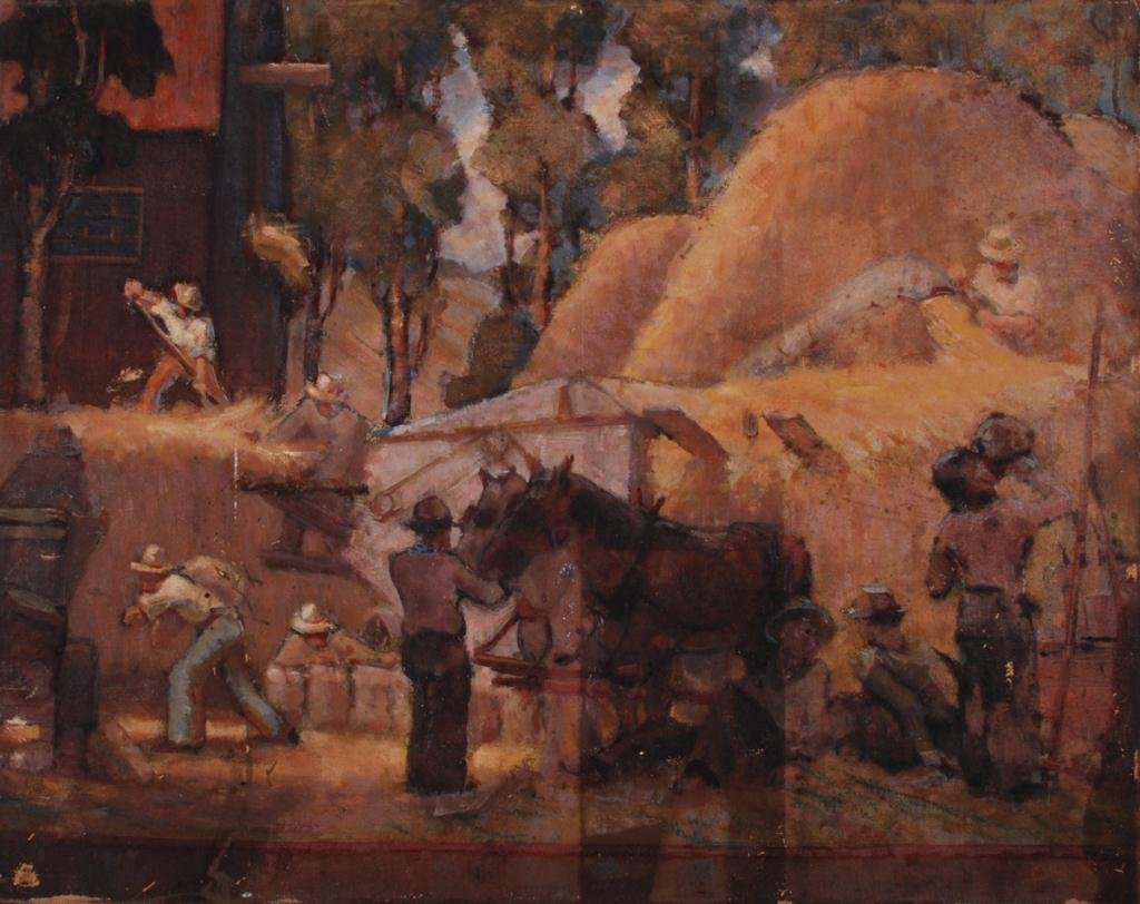 JOHN W. HATCH (1919-1998) China, Maine: "Haying" oil on canvas board 16 x 20 inches, unsigned, unframed. Estate stamped.