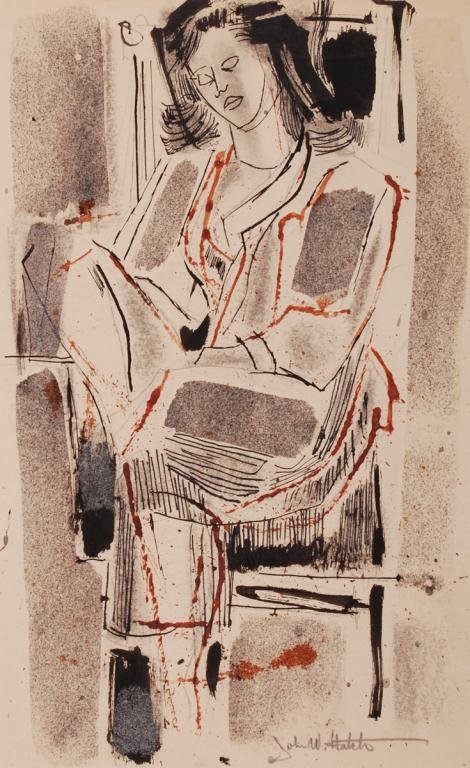 JOHN W. HATCH (1919-1998): "Seated Woman" mixed media with ink wash and sand 13 1/4 x 8 1/4 inches, signed, unframed