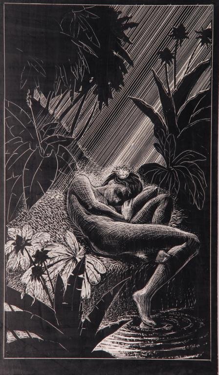 JOHN W. HATCH (1919-1998) Polynesia: "Young Woman Sleeping" Ross board / Scratch board 11 x 6 1/4 inches. signed verso, unframed. Estate stamped.