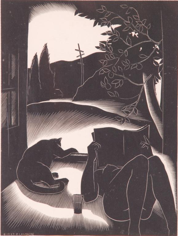 PAUL LANDACRE (1893-1963): "Sultry Day" woodcut 8 x 6 inches. signed inprint. 8 x 6 inches. framed. 19 1/2 x 15 inches.