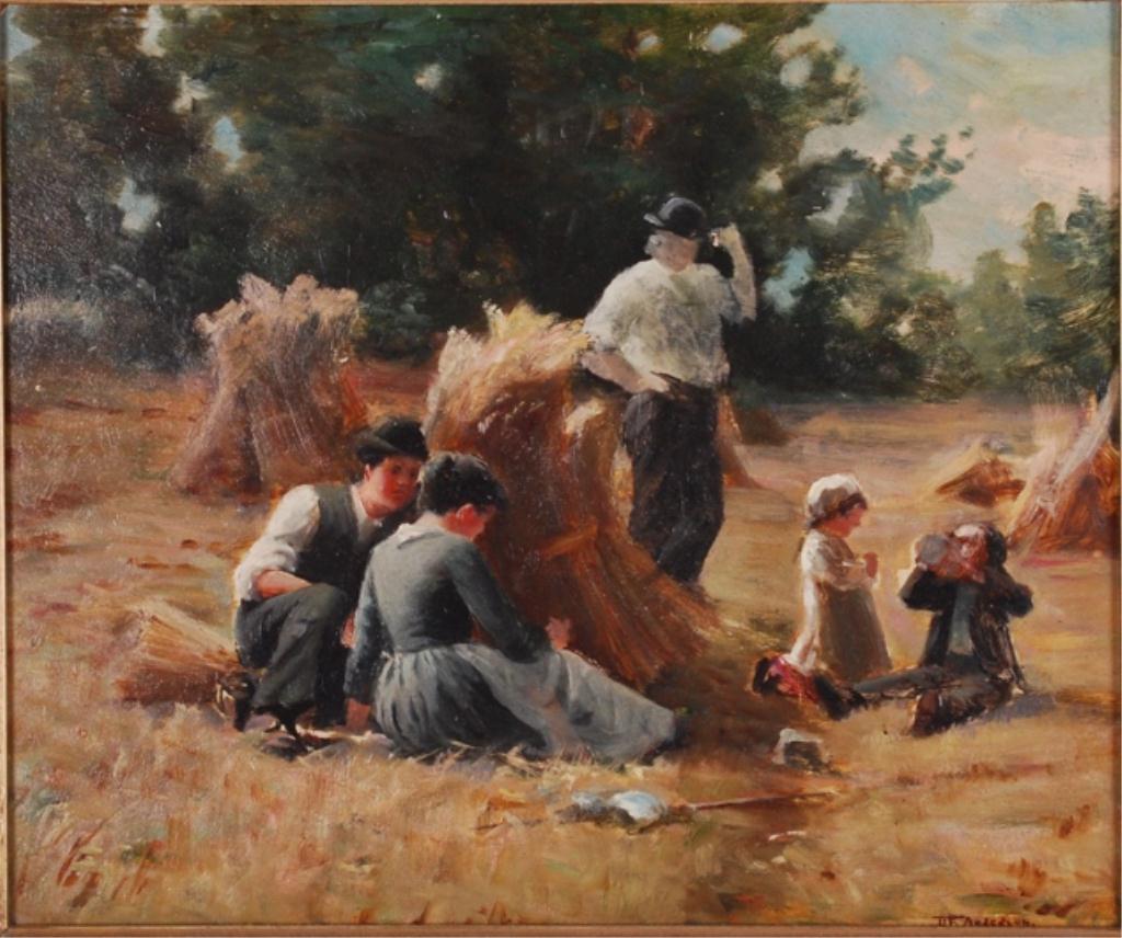 Dougal F. Anderson (1854-1921): "Family at Rest" oil on board 10 x 12 inches. framed 14 1/2 x 16 1/2 inches.