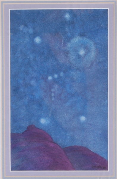 SERENA SUPPLEE (20th /21st c) MOAB UTAH ARTIST: "Misted Orion" watercolor 9 x 5 1/2 inches. signed. framed 16 x 11 1/2 inches (overall)