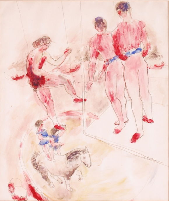 ABBOTT PATTISON (1916-1999): "Day at the Circus" watercolor and ink on paper. 15 x 13 inches. signed. framed 23 x 21 inches.