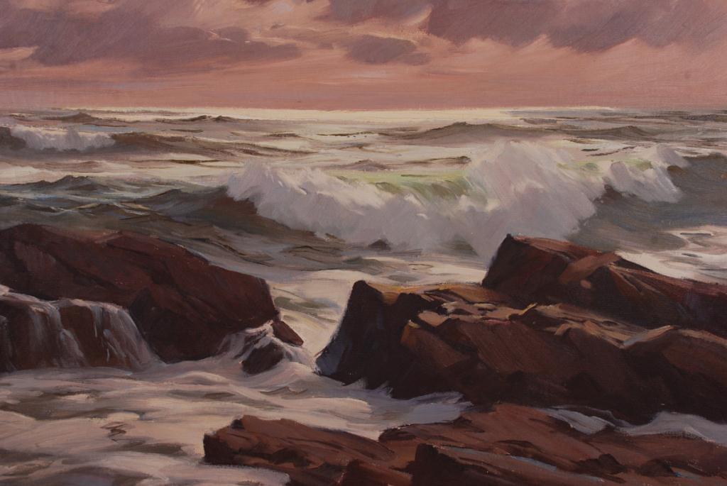 ALPHONSE J. SHELTON (1905-1976): "Waves Crashing at Sunset" oil on canvas 20 x 30 inches. signed. framed 26 x 36 inches (overall)