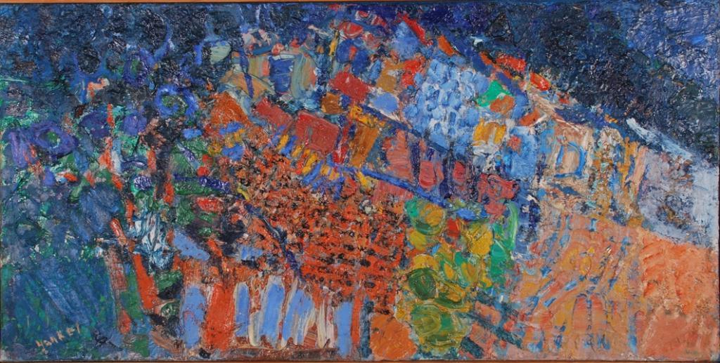 JACQUES YANKEL (1920-2004): "Carrousel" oil on canvas 20 x 39 inches. signed. framed 20 1/2 x 39 1/2 inches (overall)