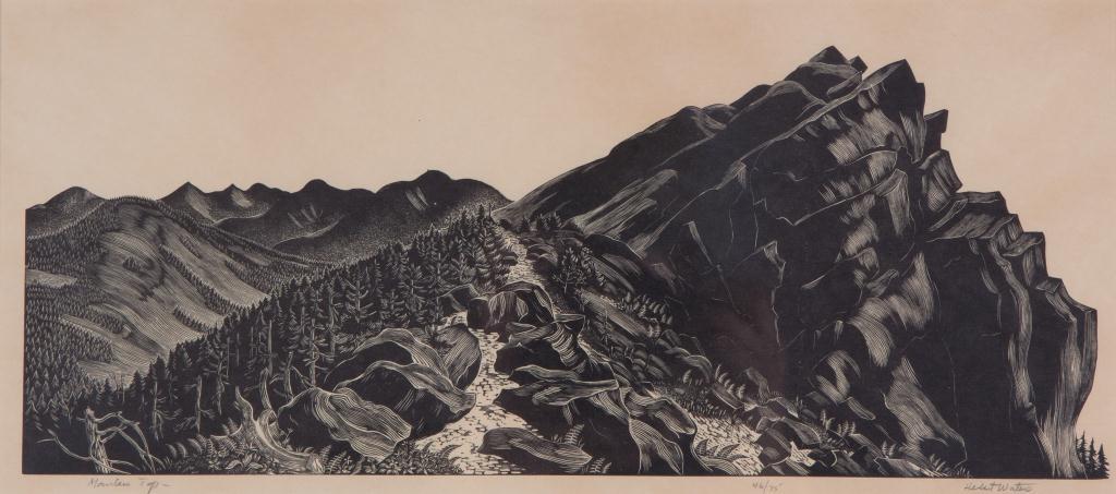 HERBERT OGDEN WATERS (1903-1996): "Mountain Tops" woodblock 6 x 14 inches, signed. framed 14 x 22 inches (overall). Together with a remark print of the mountain top with birds.