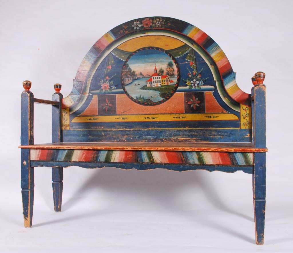 (19th c) PENNSYLVANIA PAINT DECORATED HALL BENCH (1 of 6)