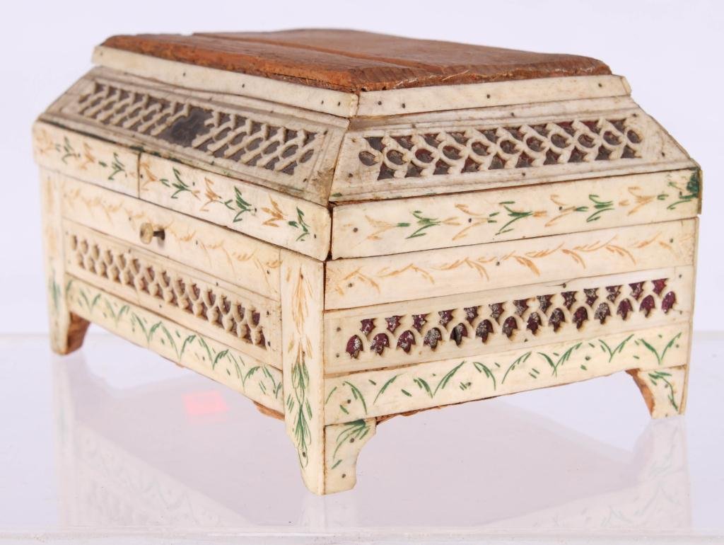 (19th c) ANGLO INDIAN SEWING BOX: Engraved and colored bone veneer. 3 1/2 x 6 1/4 x 4 1/4 inches.