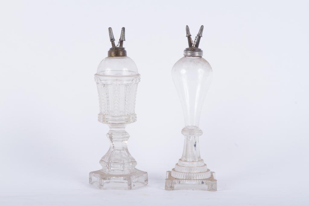TWO (19th c) BLOWN MOLDED FLUID LAMPS (1 of 5)