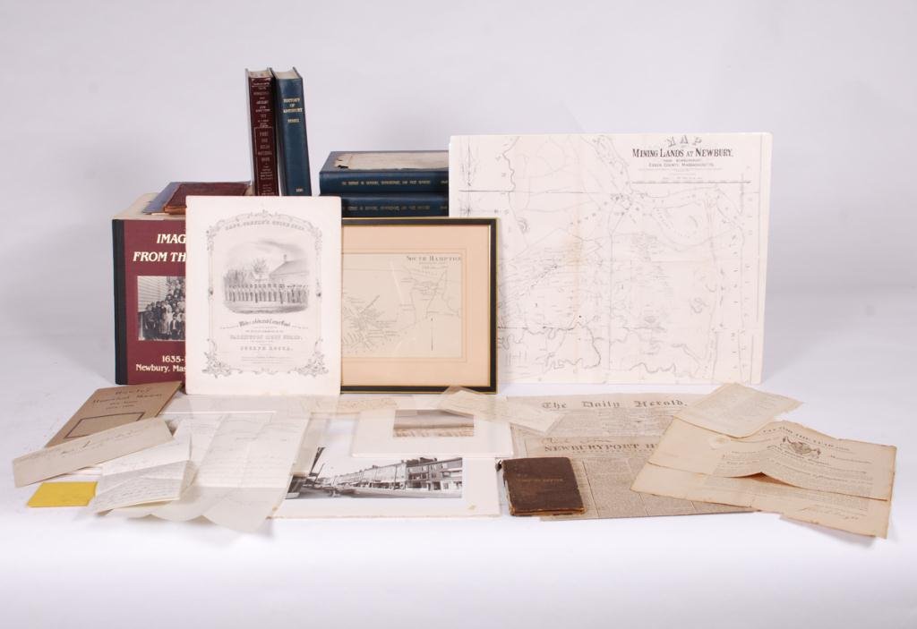 NEWBURYPORT HISTORY EPHEMERA LOT: Including: Captain Coffin's Quick Step, Newbury Mining Lands, Life of Timothy Dexter, Master Carpenter ship builders form, Broadside for State tax Warrant for 1809, Warehouse shares, Rowley, Map of Ne