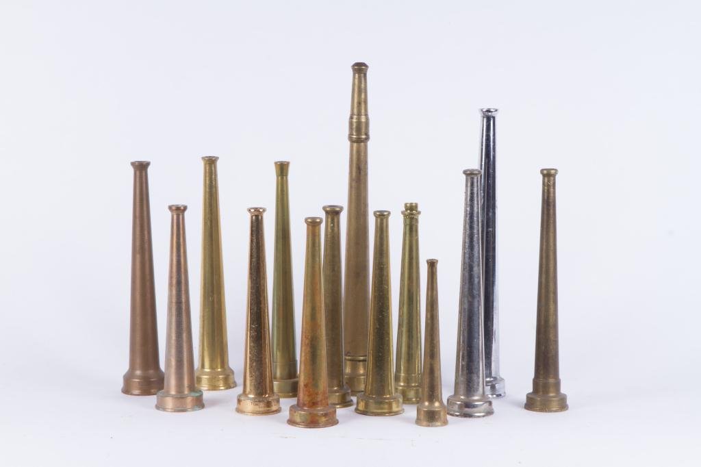 (14) FIREFIGHTING NICKEL AND BRASS HOSE NOZZLES (1 of 4)