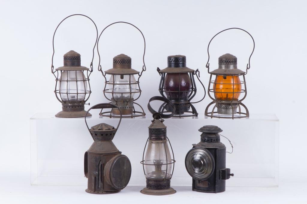 (6) RAILROAD LANTERNS and PIERCED TIN BARN LANTERN (1 of 8)