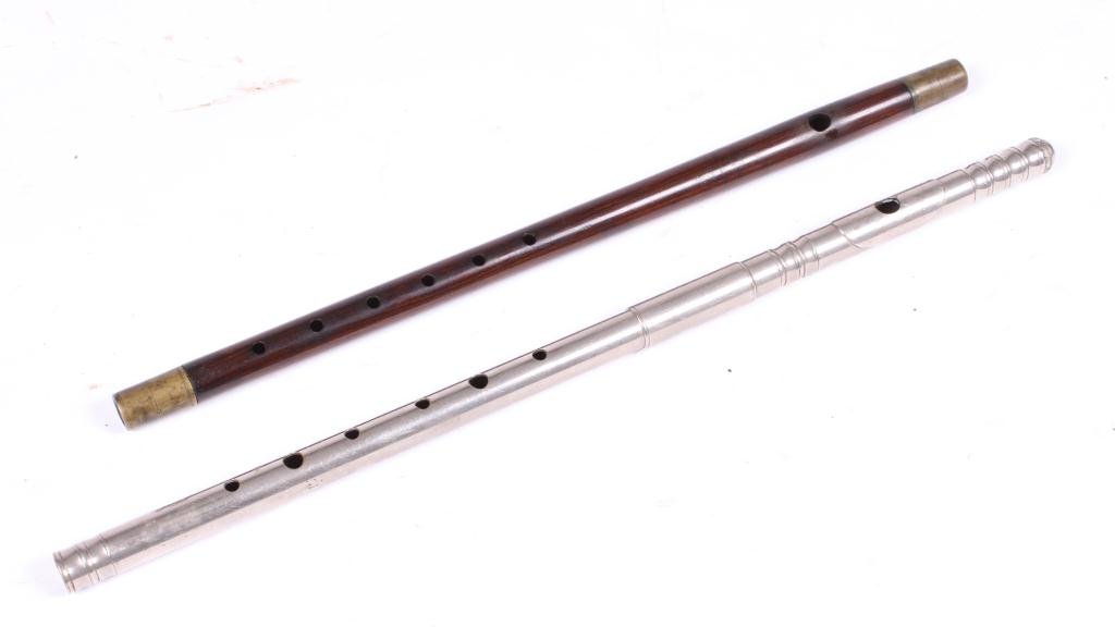 ANTIQUE NICKEL PLATED AND ROSEWOOD FIFES: Unmarked 17 inch and C.G. Christian Pearl St. New York. 15 inches.