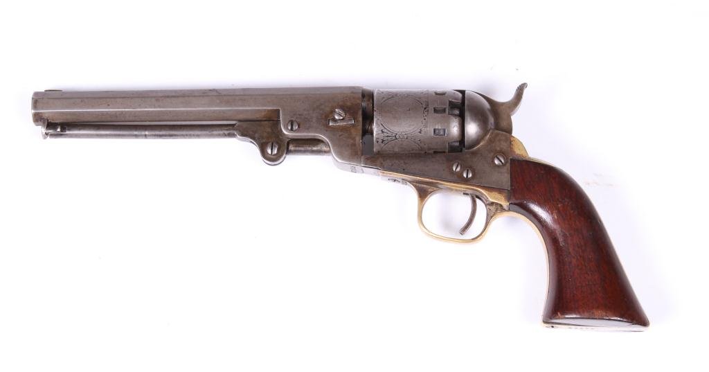 MANHATTAN PERUCUSSION CAP REVOLVER: Manhattan Firearms Co. Newark, NJ. Pat. Feb. 27, 1858, 6 1/2 inch sighted octagonal rifled barrel. Serial number 27526. Fancily engraved cylinder.