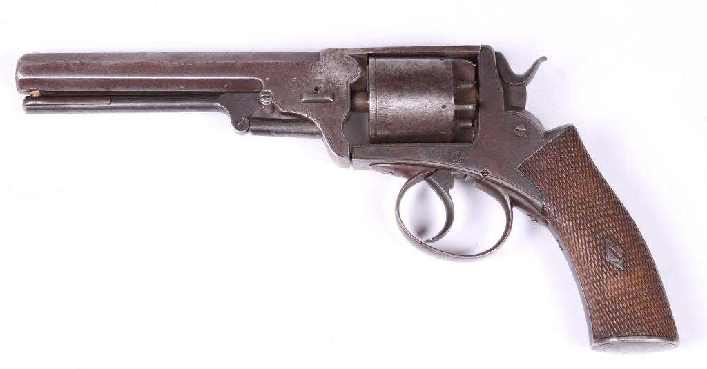 J. ADAMS PERCUSSION CAP REVOLVER LONDON: (5) shot percussion cap revolver engraved J. Adams and London. Rifled octagonal 6 1/4 inch sighted barrel. 44 cal.