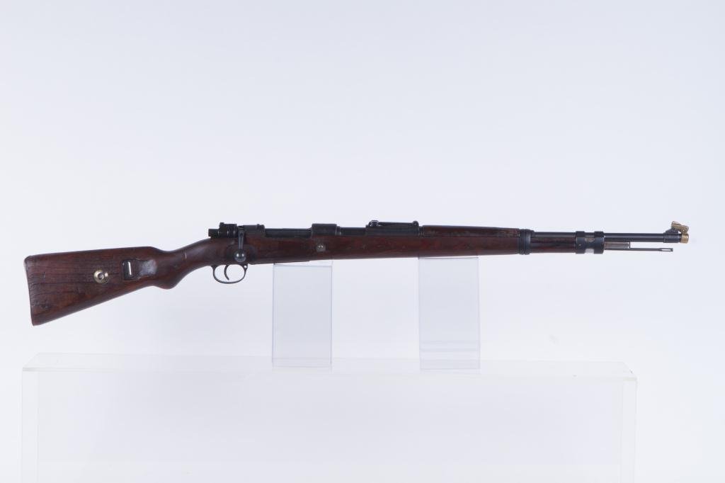 MAUSER MODEL 98 BOLT ACTION RIFLE: 8 mm, 24 inch barrel, blue finish, serial number 151. Brass muzzle cap.
