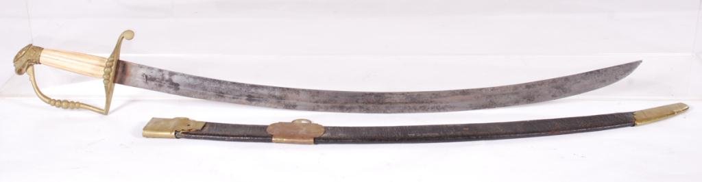 WAR OF 1812 SWORD with EAGLE POMMEL & BONE HAND: Unmarked. Bone grip, Engraved blade. Original leather scabbard with brass mounts. Length 33 inches.
