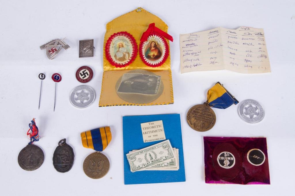 ASSORTMENT OF WWII ERA PINS, MEDALS etc: Including: (2) stick pins with bolts, Viva La Duce, Sieg Heil Kommit der Fuhrer, Selective Service System Medal, Victory medal, Nazi party medal, Nazi shield pin, 1917 track medal, Our leader pin, WWI