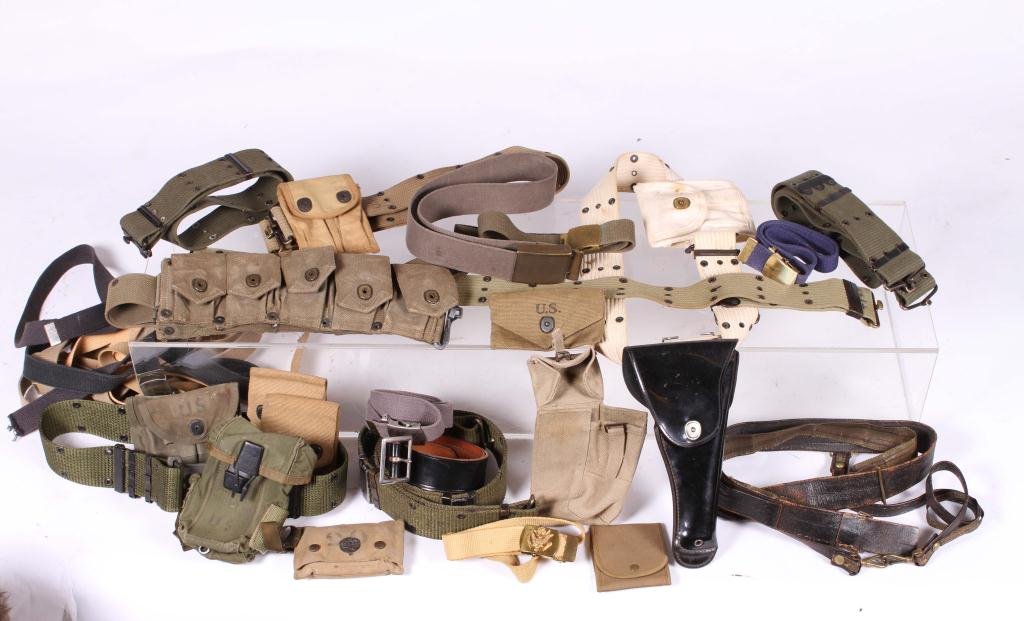 BOX LOT OF MILITARY BELTS, POUCHES & HOLSTER (1 of 5)