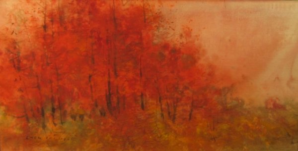 Chen Chi (b.1912) "Fall landscape" mixed media w/c: Chen Chi (b.1912) "Fall landscape" mixed media w/c and pastel 9 x 18 inches (sight). dated 1965. Condition; good, not examined out of frame