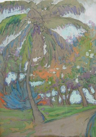 Jane Peterson (1876-1965), "Southern Palms" gouach: Jane Peterson (1876-1965), "Southern Palms" gouache 24 x 18 inches. Signed lower left. Condition; unframed, edges abraded, water stain runs one inch parallel to bottom.