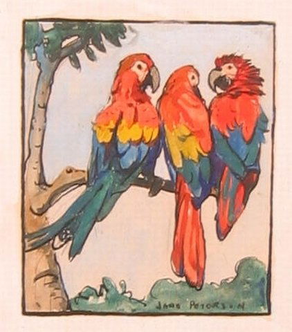 Jane Peterson (1876-1965), "Macaws" gouache 4 x 4: Jane Peterson (1876-1965), "Macaws" gouache 4 x 4 inches. Signed. Condition; good
