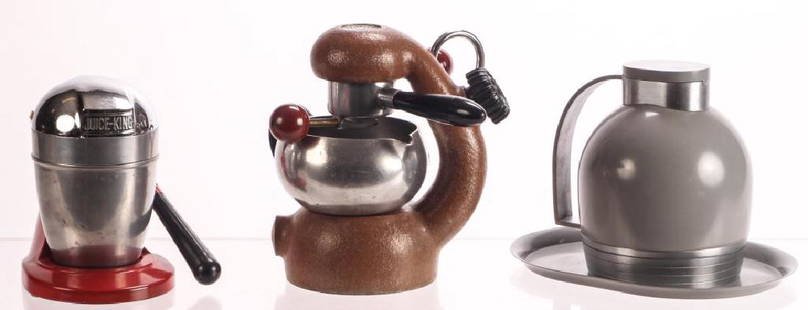 (3) MID CENTURY MODERN KITCHENWARES / DREYFUSS ETC: Including: Modernist Thermos coffee pot and tray designed by Henry Dreyfuss, Juice-King JK-35 juicer and an Atomic espresso machine made in Italy. 9 inches (and under)