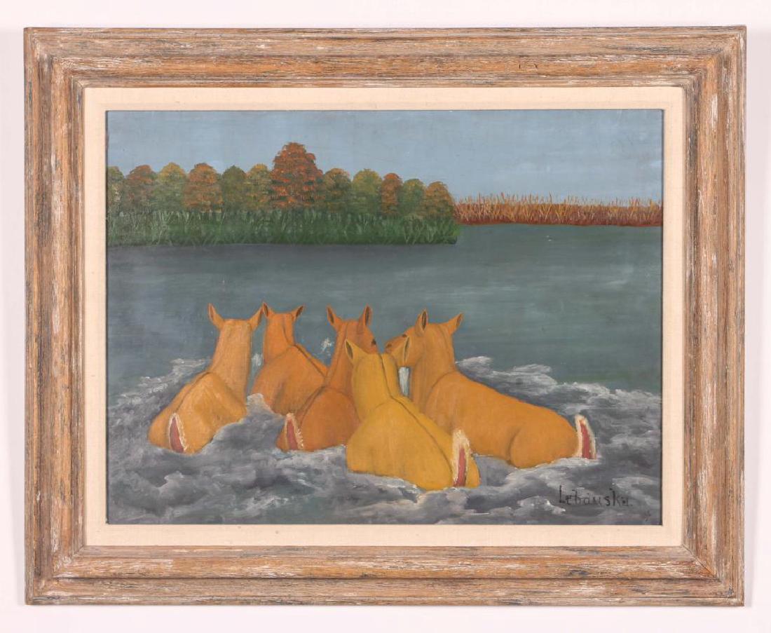 LAWRENCE LEBDUSKA (1894-1966): "Deer Crossing a River" oil on panel 15 x 20 inches. signed. framed 20 x 25 inches.