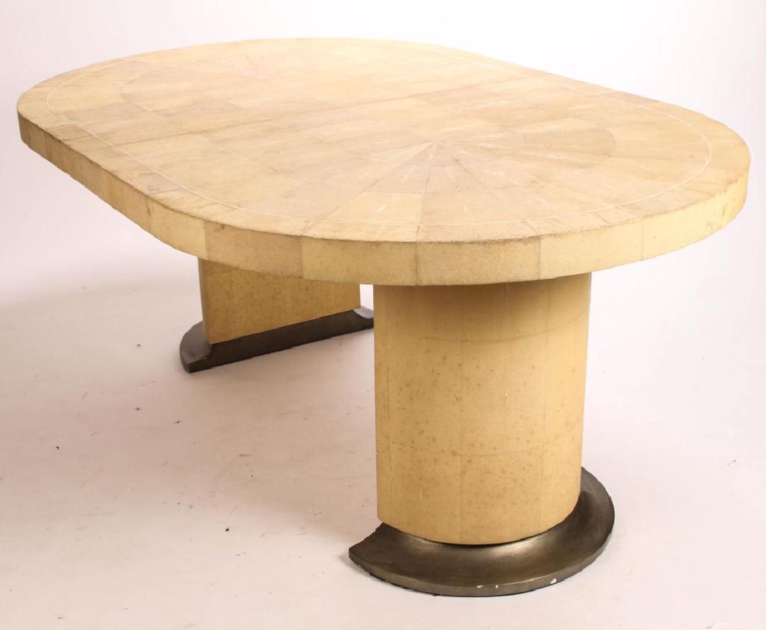 RON SEFF SHAGREEN VENEER DINING ROOM TABLE: 1970's oval twin pedestal table measuring 30 x 48 x 77 inches and (1) 23 inch leaf which expands to 100 inches.