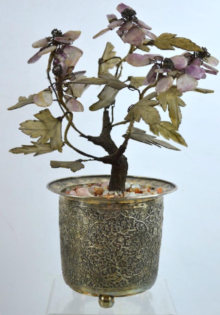 Chinese Silver Engraved Planter w Hardstone Tree (1 of 3)