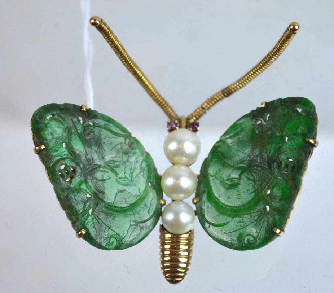 Qing Dynasty Natural Jadeite, 14K Butterfly Pin (1 of 4)