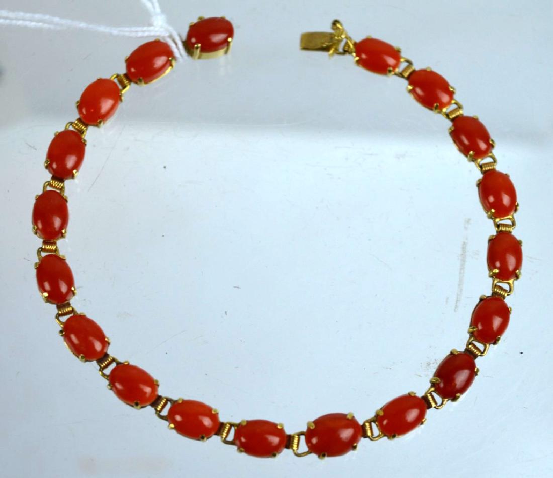 Dark Coral Cabochons 14K Yellow Gold Link Bracelet (1 of 6)