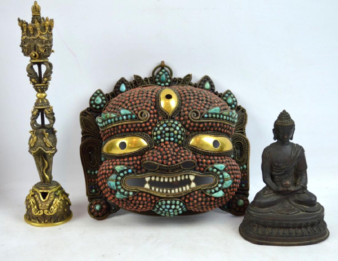 3 - Tibetan Objects; Inlaid Mask, Phurba, Buddha (1 of 8)