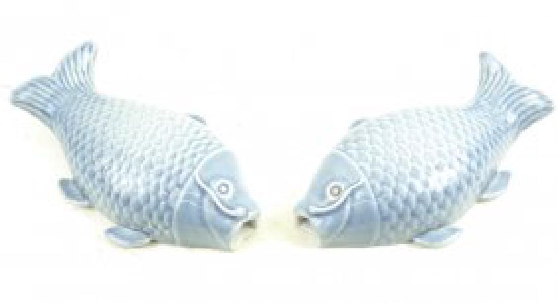 Pr Chinese Pale Blue Porcelain Carp Wall Vases (1 of 5)