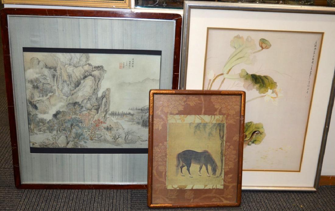 3 Framed Chinese Works; Landscape; Horse; Lotus (1 of 8)