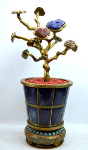 Fine Chinese Gilt Bronze & Gemstone 9 Ruyi Planter: Fine Chinese Gilt Bronze & Gemstone 9 Ruyi Planter. The base in colored champleve enamels over gilt bronze; the planter covered in plaques of Lapis Lazuli with gilt bronze spacers, a large Qianlong ma