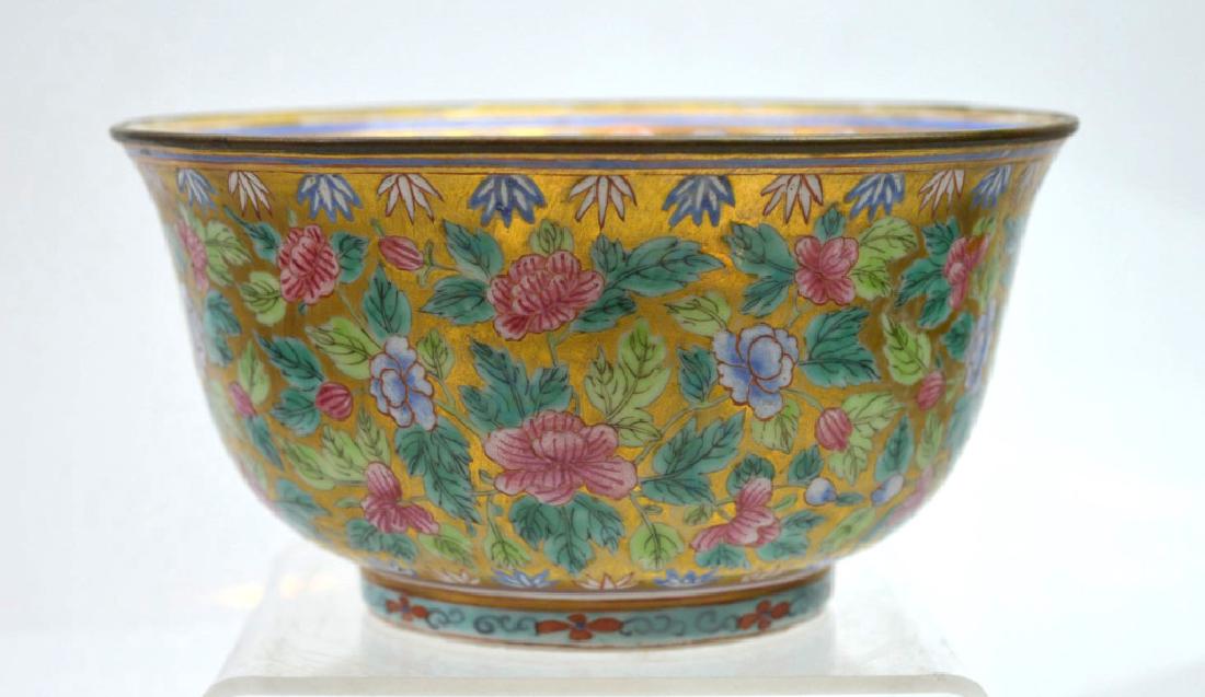 18th C Chinese Porcelain for the Thai Royal Family: Rare 18th C Chinese Gilt and Enameled Porcelain for the Thai Royal Family. Covered with a design of flowers. Good condition with a metal rim covering a few very small chips to the edge, short hairline