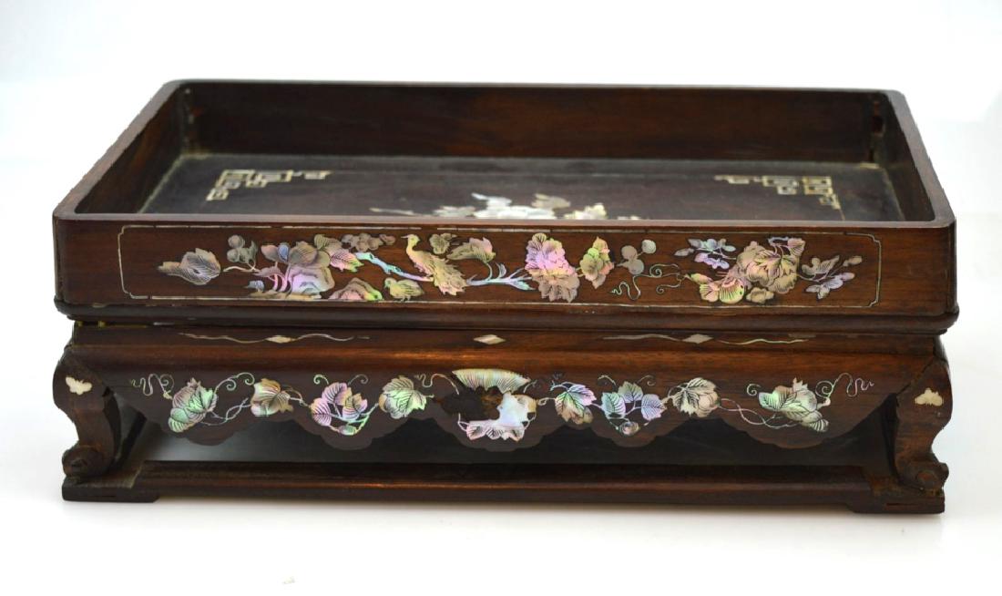 Antique Chinese Mother-of-Pearl & Hardwood Stand: Antique Chinese Mother-of-Pearl & Dark Hardwood Scholar's Writing-Desk Tray & Stand delicately inlaid with engraved pieces of thin mother-of-pearl shaped like birds, flowers, butterflies and leaves, t