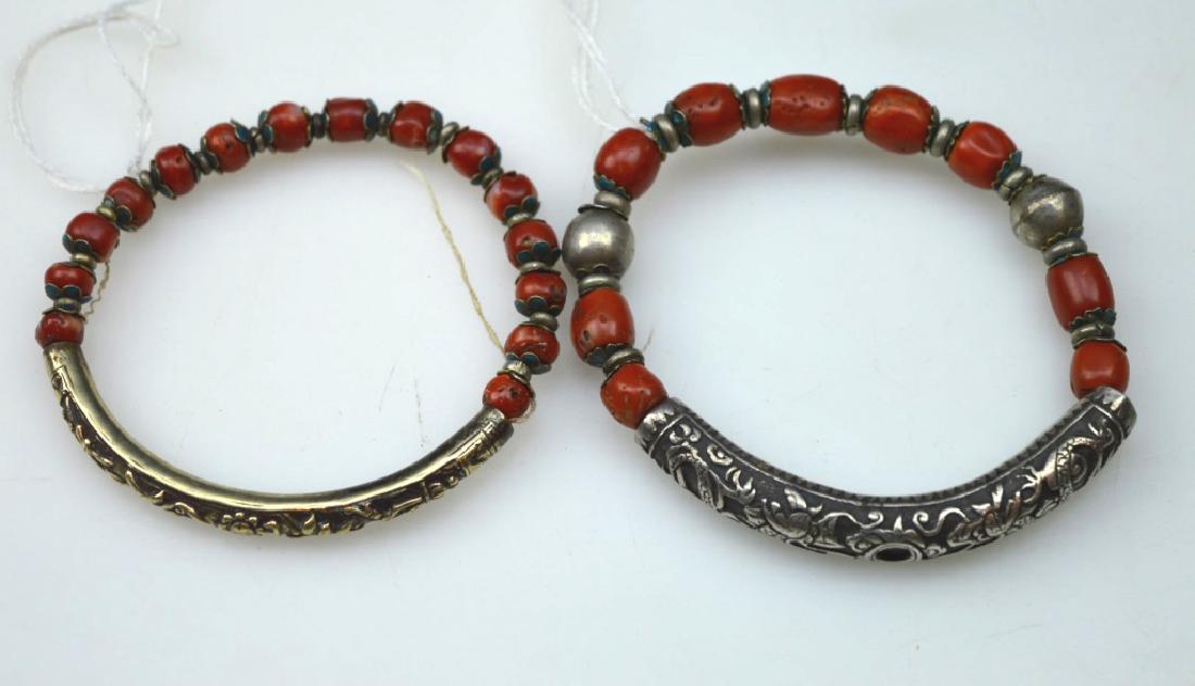 2 Chinese Silver & Dark Coral Bead Bangles (1 of 8)