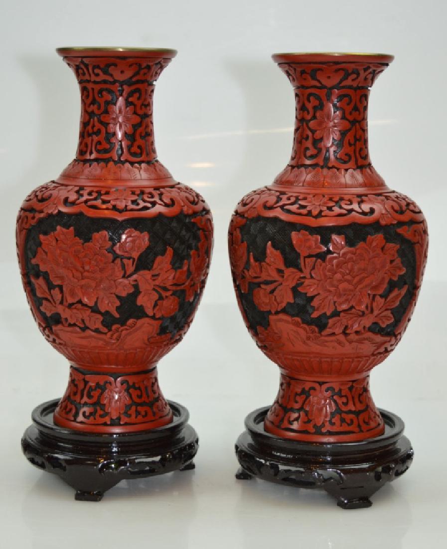Pr. Chinese Carved Red Cinnabar Lacquer Vases (1 of 7)