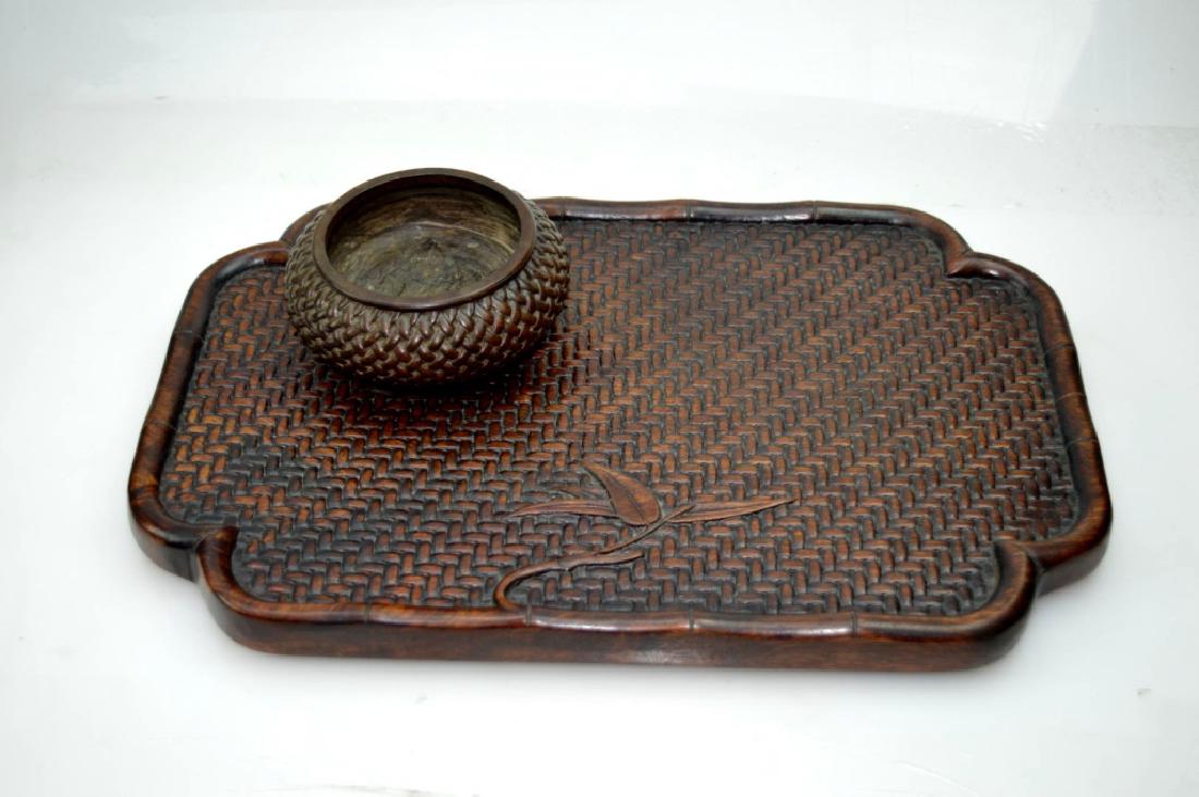 Chinese Hardwood Scholar's Tray & Brush Washer: Chinese Hardwood Scholar's Tray & Brush Washer each carved with a design of woven bamboo strips, the tray with bamboo leaves at the edge, the brush washer with 3 small feet. Good condition. Width of t