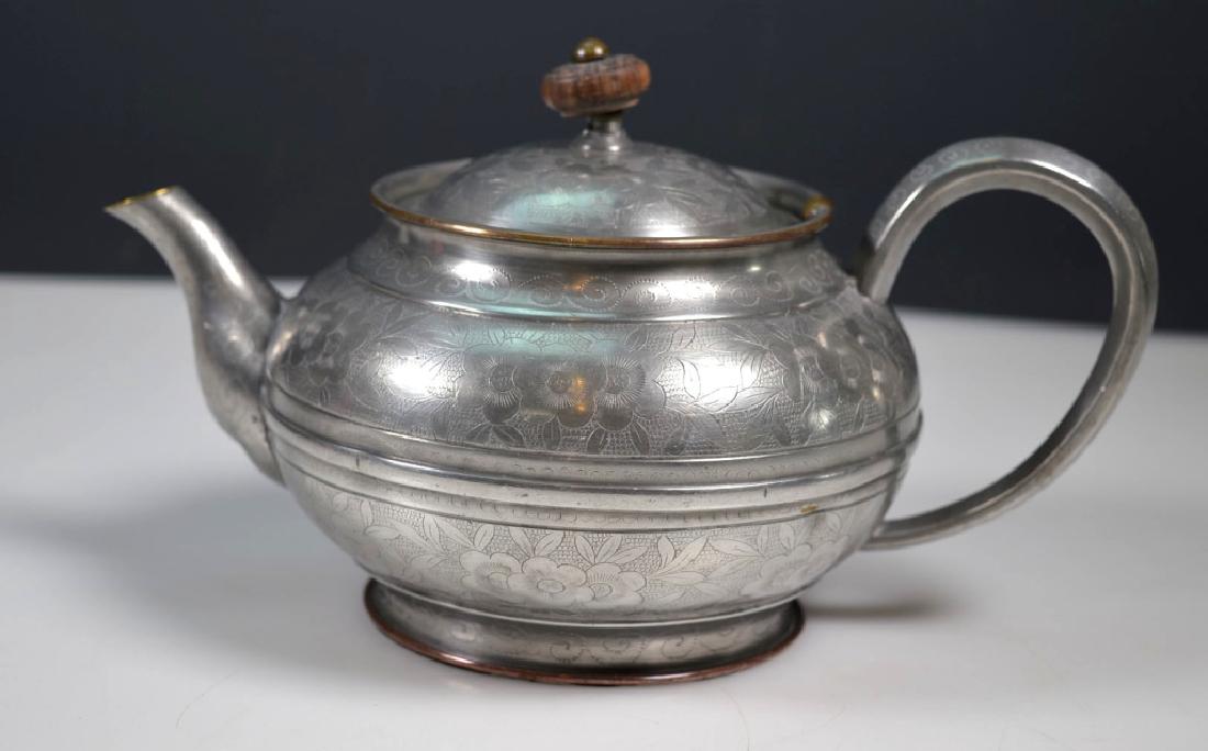 19th Cen. Chinese Engraved Pewter Teapot & Cover (1 of 8)