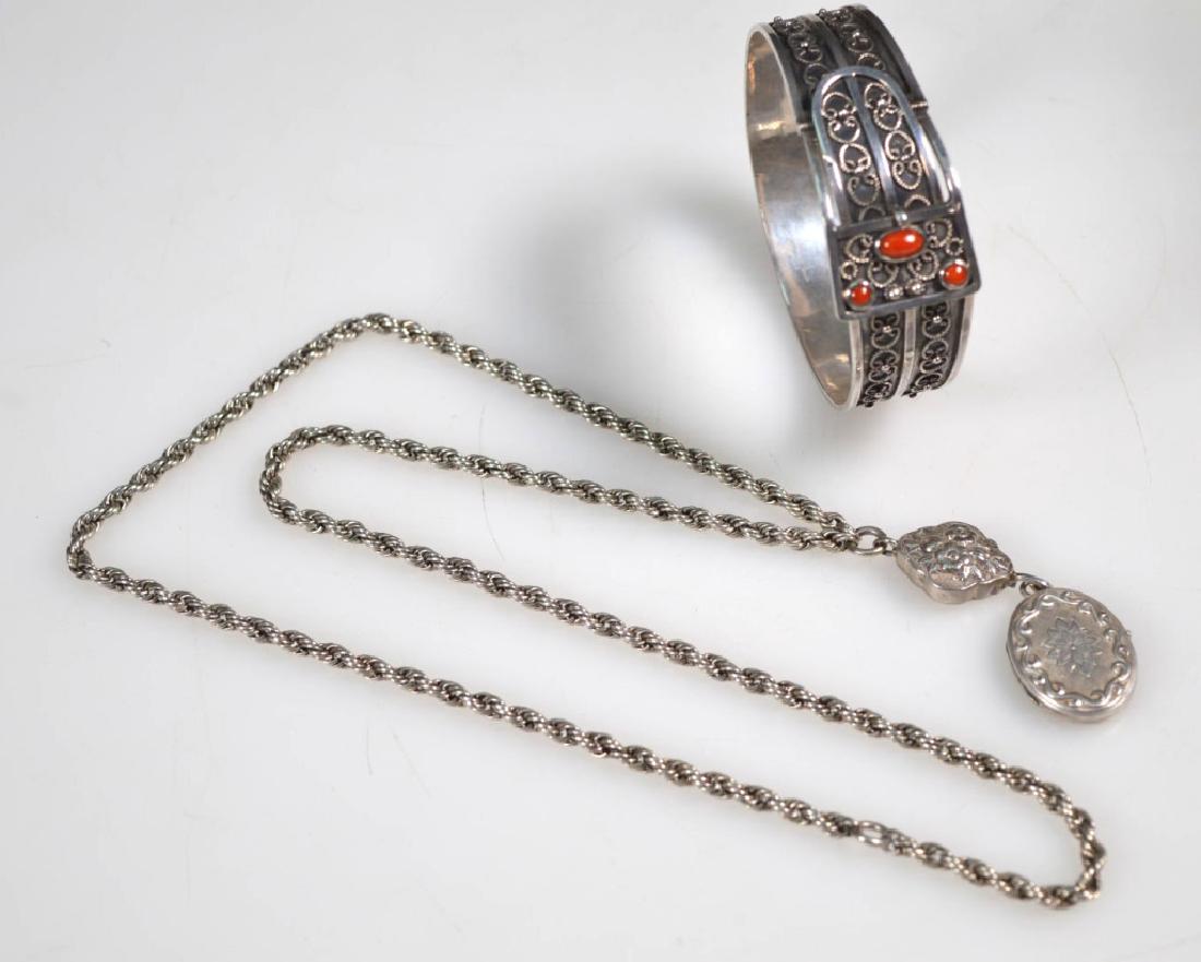 Sterling & Coral Belt Bangle; Silver Locket Chain (1 of 7)