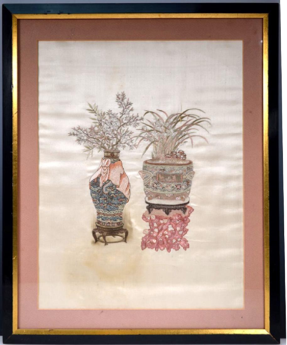 Fine 19th C Chinese Satin Stitch Painting of Vases (1 of 4)