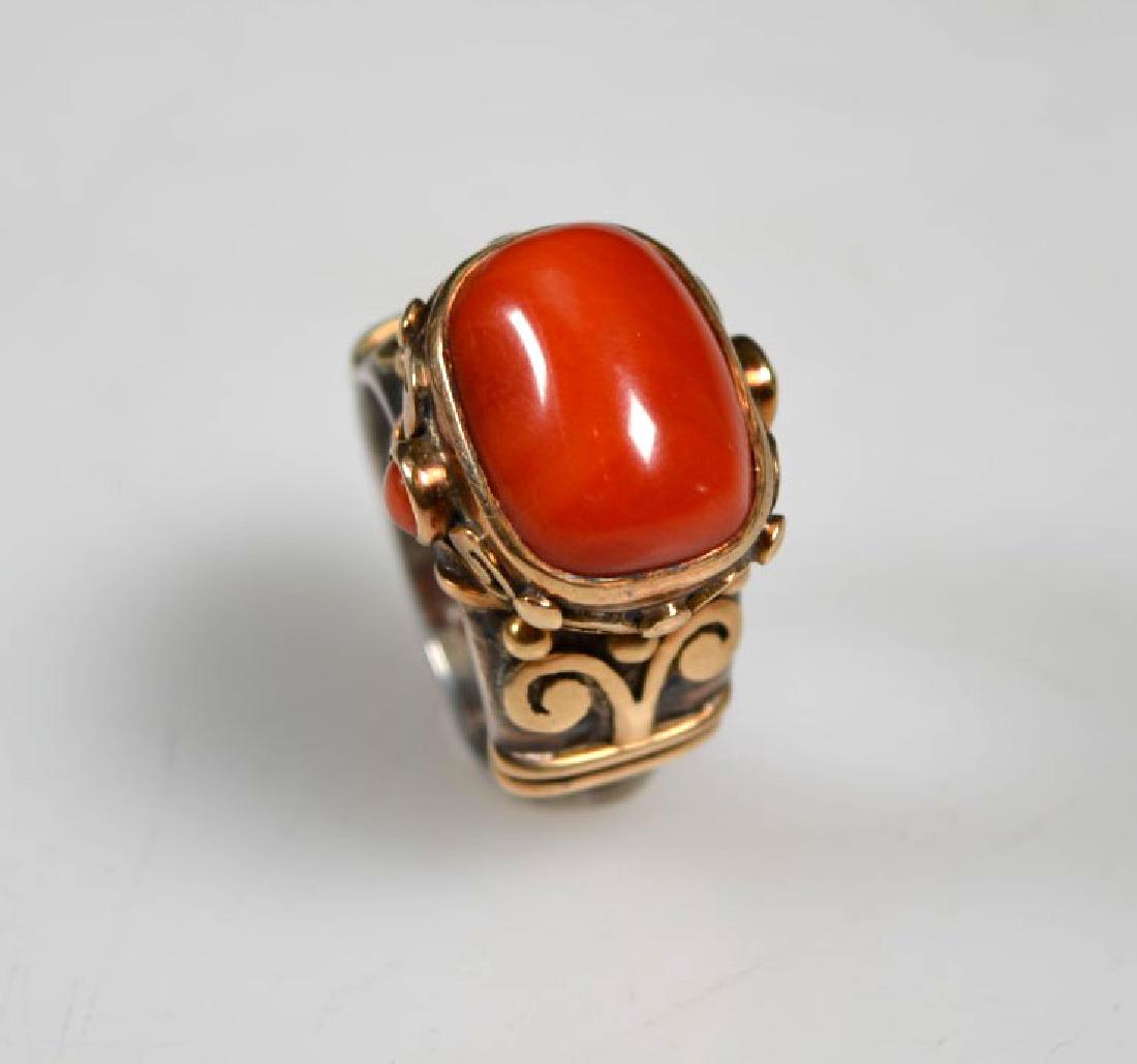 Tibetan Coral inlaid into Silver & Gold Work Ring (1 of 6)