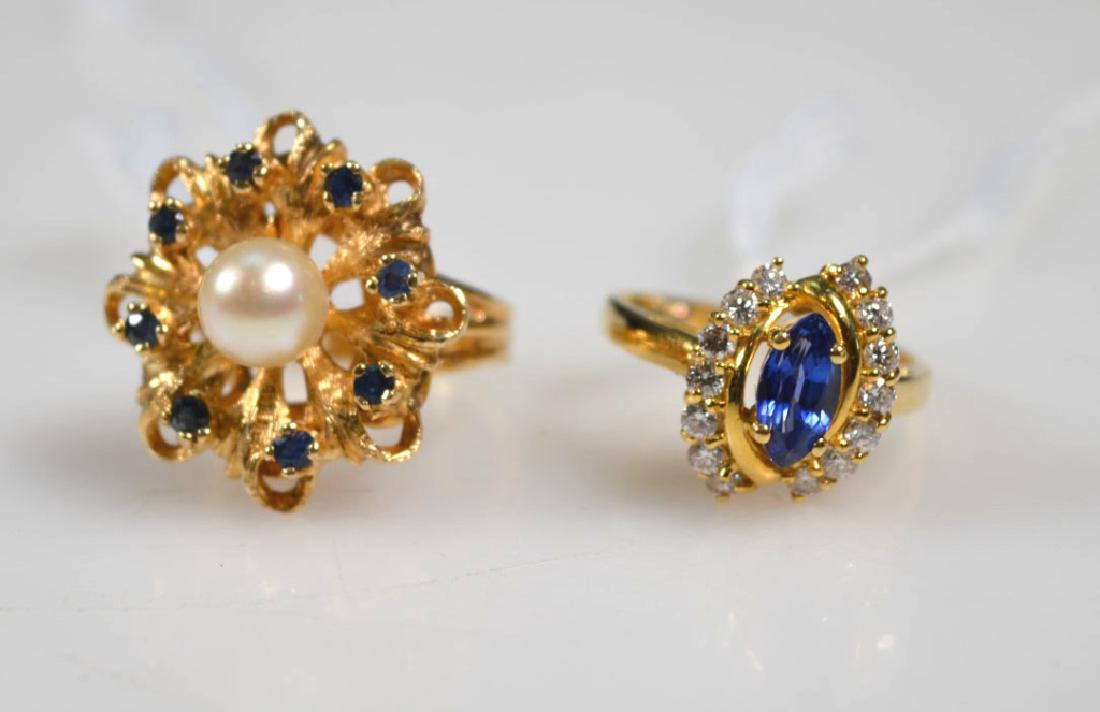 14K Pearl & Sapphires,18K with Diamonds Rings: Alexandrite Faceted Marquise Stone in yellow gold marked "18K" with Diamonds. US ring size 4. Total weight: 4.3 Grams. Yellow Gold Ring Marked "14K" set with a Pearl & Sapphires. US ring size 5. Good