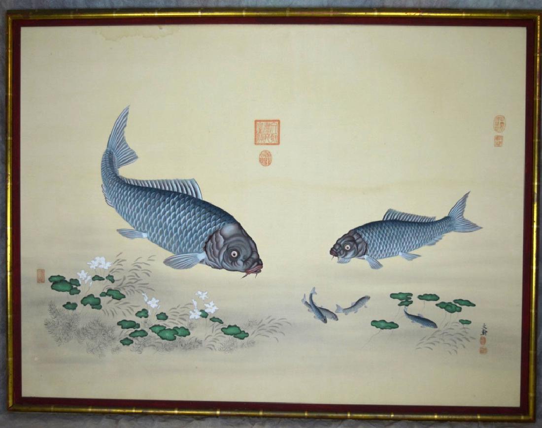 Good Chinese Painting of Fish on Silk; 7 Seals (1 of 8)